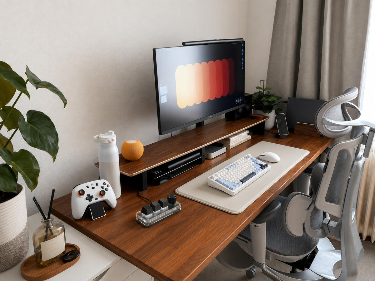 Gaming desk setup with mechanical keyboard, mini macro pad, mouse, and controller