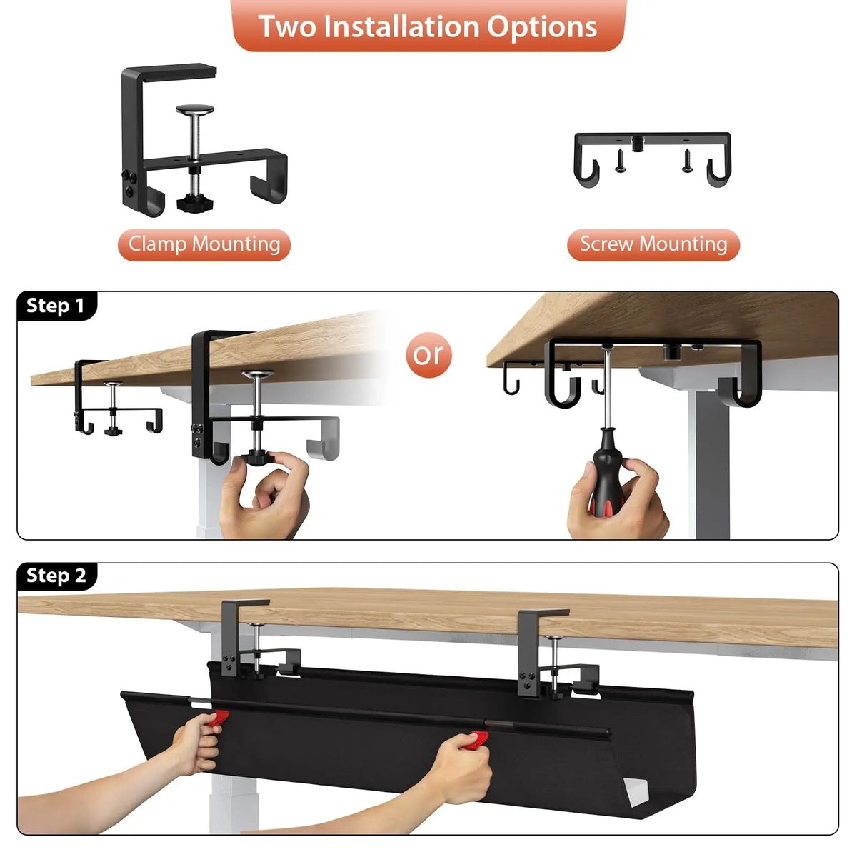 No-Drill Under-Desk Cable Management Tray